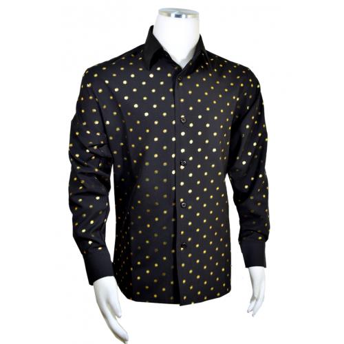 Pronti Black / Metallic Gold Polka Dot Design Long Sleeve Shirt S6514